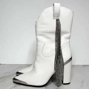 Daniel Diamond Stagecoach White Leather Pointy Toe Rhinestone Fringe Bootie 5